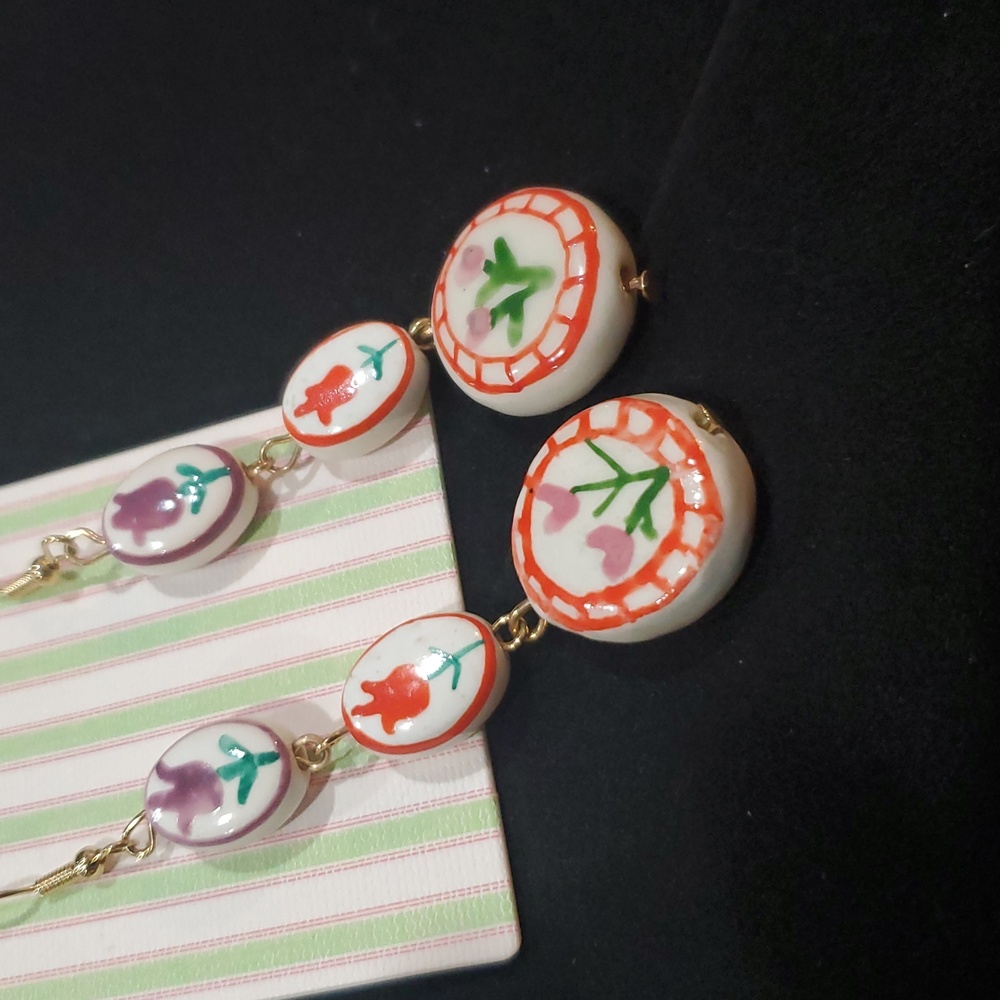 Hand-painted‎ Fiesta Floral multi enamel  tiered dangling earrings brand new